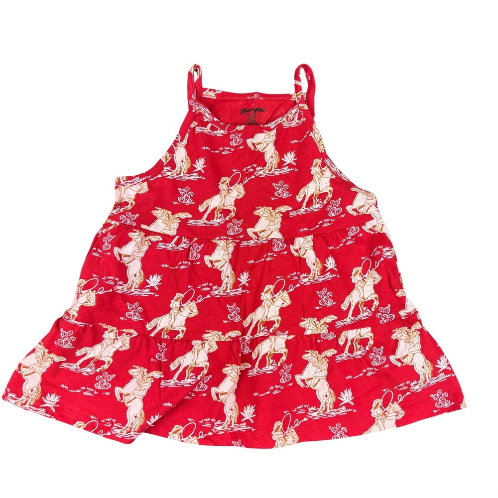 Wrangler Tank Top Girls Small Red Western Cowgirl Horse Print Tiered Ruffle NEW